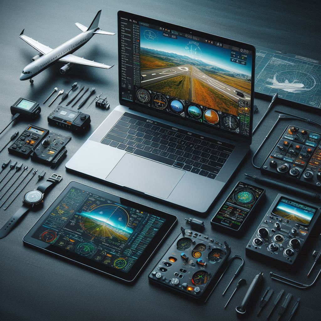 Laptop running flight simulation software with tablet, smartphone, and flight controls for beginners.