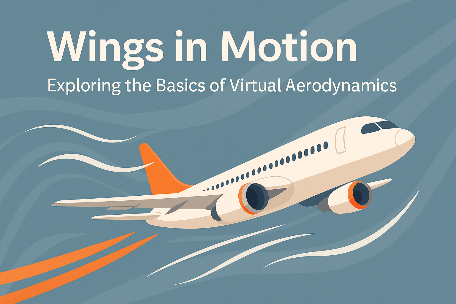 A flat-style digital illustration of a commercial airplane in mid-flight, with white airflow lines trailing behind to represent aerodynamics. The background features blue-toned currents and wave patterns symbolizing airflow, perfect for introducing aerodynamic simulations in flight training.