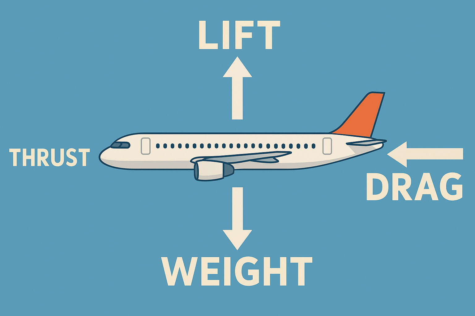 A flat educational digital illustration showcasing an airplane with labeled arrows representing the four forces of flight: lift, drag, thrust, and weight, ideal for explaining fundamental aerodynamic concepts.