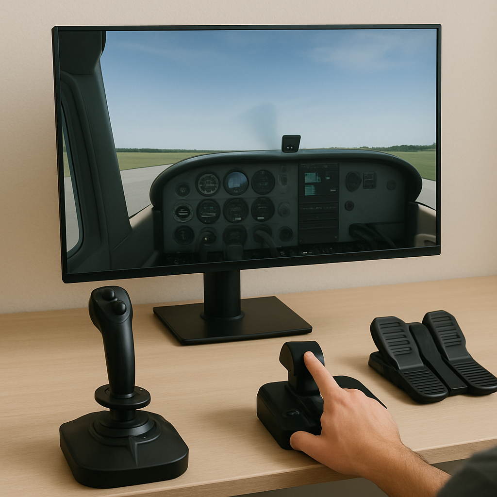 A close-up view of a flight simulator setup being powered on, showing a cockpit view on the screen and essential controls like a joystick and throttle ready for use.