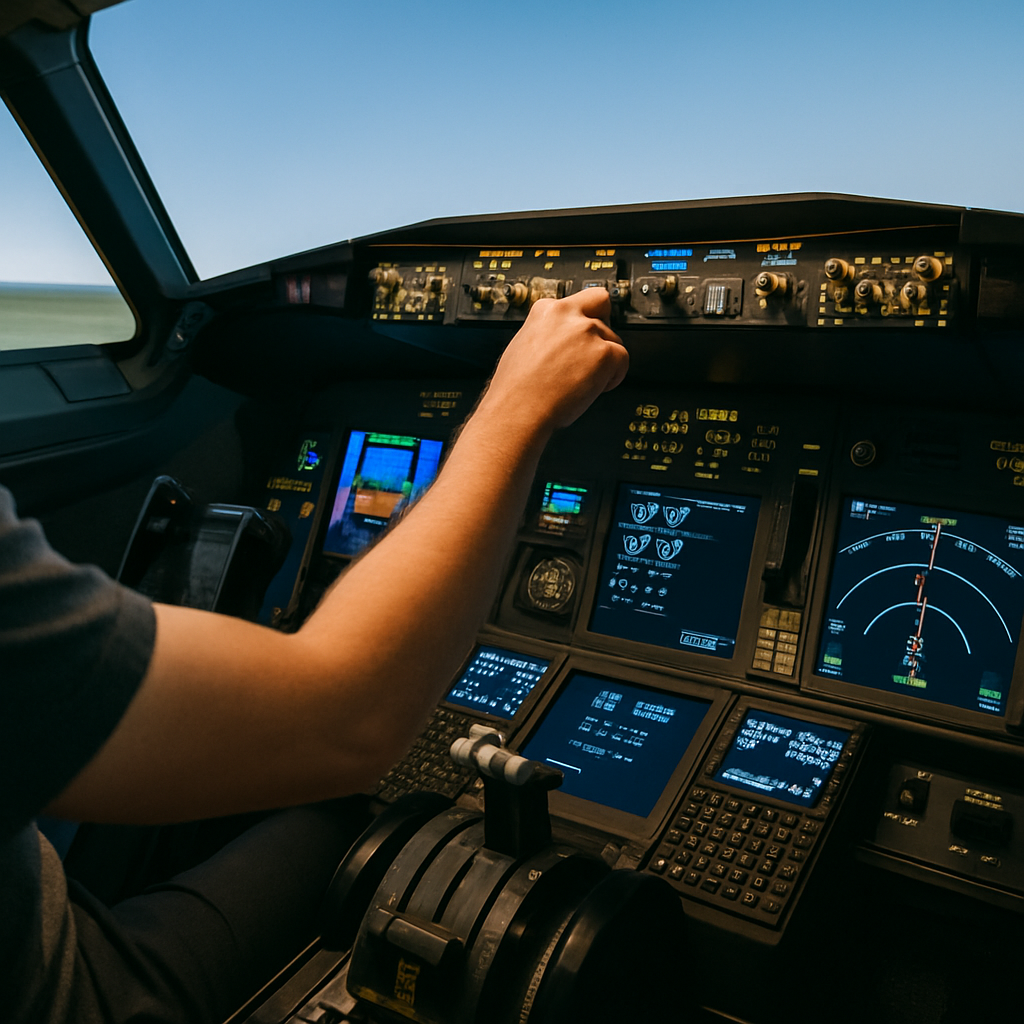 Advanced flight simulation setup showing a detailed cockpit with multiple instruments, screens, and controls, capturing an immersive and professional flying experience.