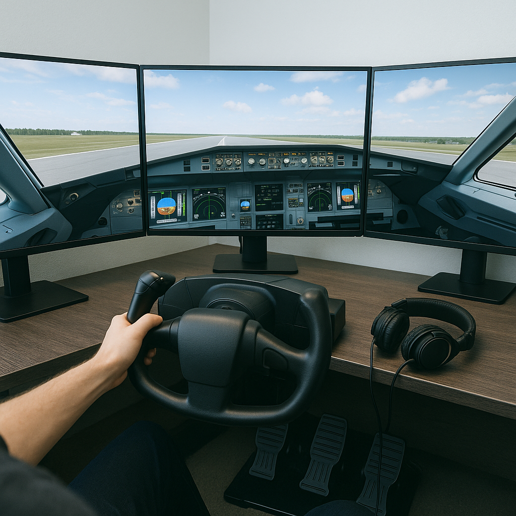 Bright and detailed home flight simulator setup featuring triple monitors showing a virtual cockpit and runway, a yoke controller, rudder pedals, and a headset on a wooden desk.