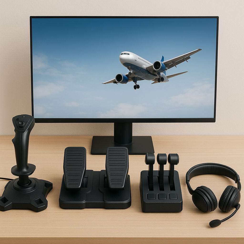 Essential flight simulation hardware setup for beginners, featuring a joystick, rudder pedals, throttle quadrant, and headset neatly arranged on a desk with a monitor displaying a flight sim background.