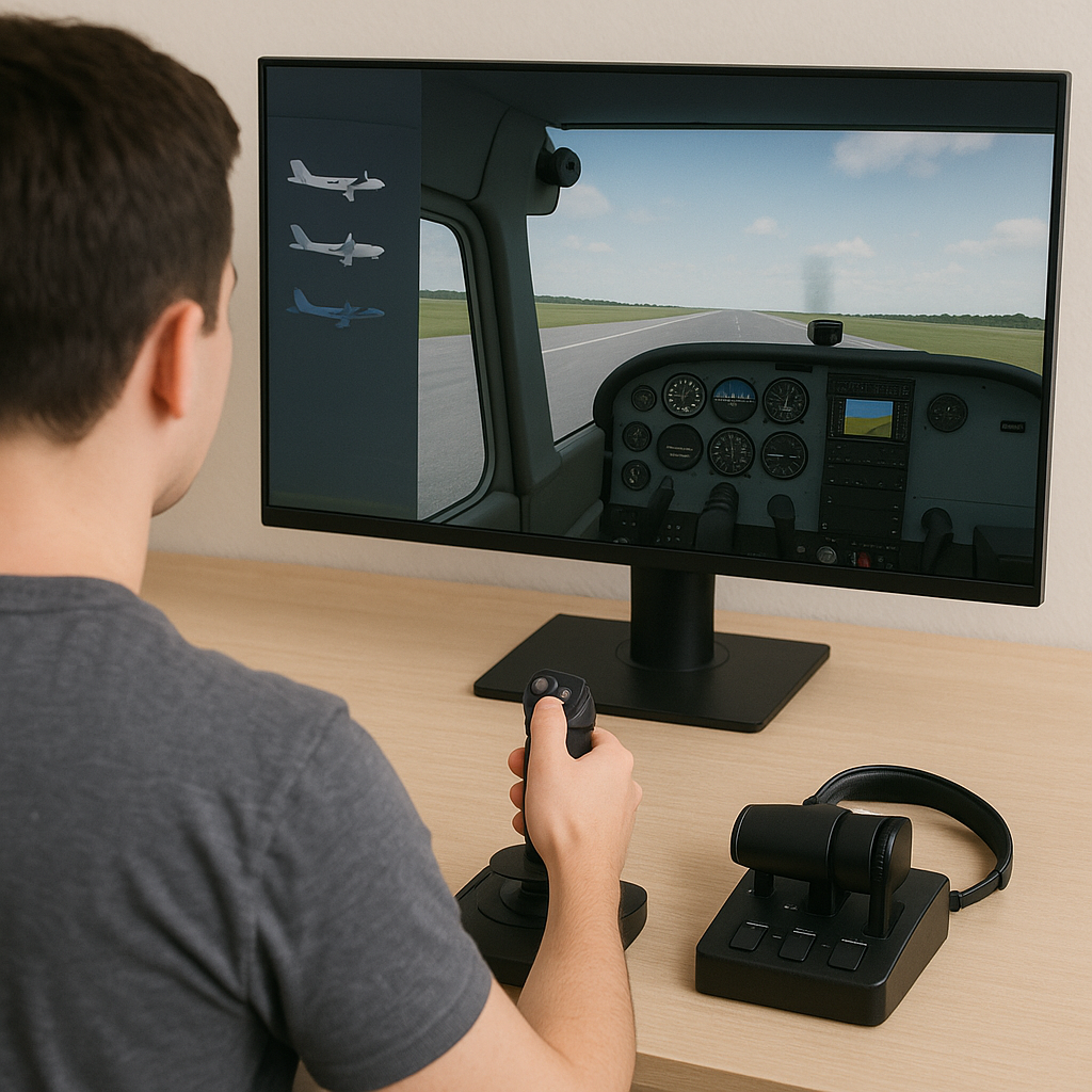 A beginner sitting at a home flight simulator setup, selecting a basic aircraft for their first virtual flight, with a joystick in hand and a simple flight menu displayed on the screen.