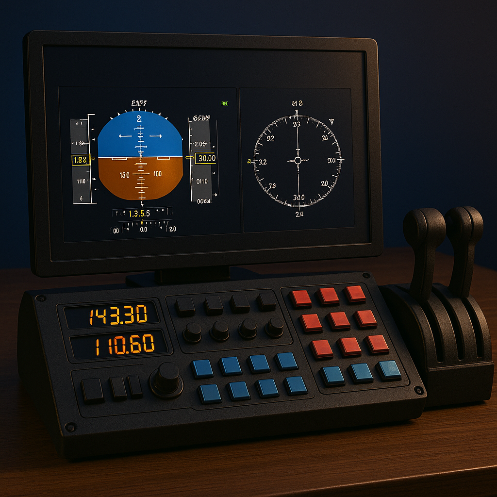 Advanced flight simulator setup with a modern avionics display and illuminated control panel, representing expert use of pilot technology.
