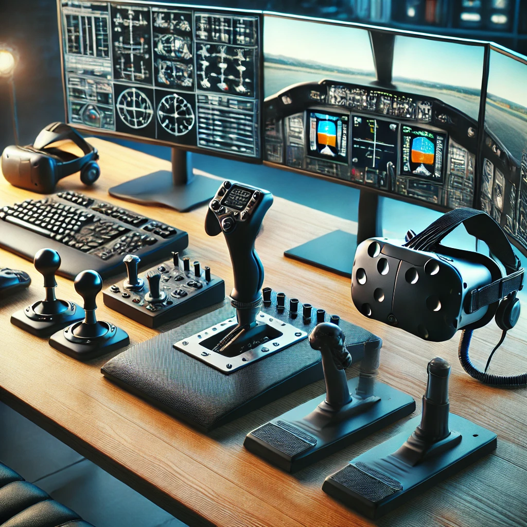 Detailed setup of essential flight simulation accessories including a flight yoke, throttle quadrant, rudder pedals, and a VR headset, with a flight simulator and monitors displaying realistic flight data in the background.