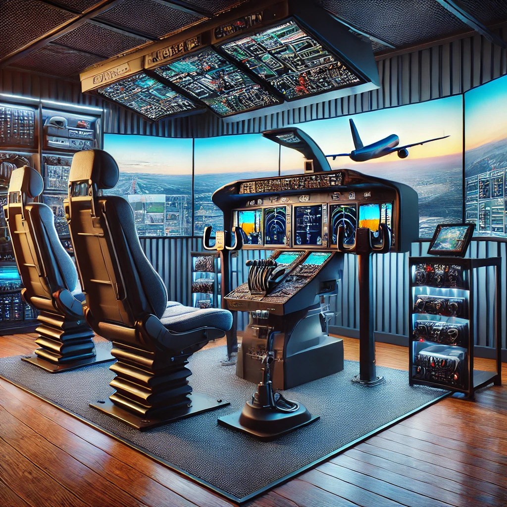 A dedicated flight simulation space with a modern cockpit setup, including a pilot's chair, multiple monitors, flight yokes, throttle quadrants, rudder pedals, a VR headset, high-quality speakers, and ergonomic furniture.