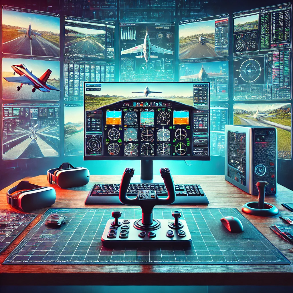 A modern computer setup with multiple monitors displaying flight simulation programs, including essential accessories like a flight yoke, throttle quadrant, and VR headset, highlighting various software features.