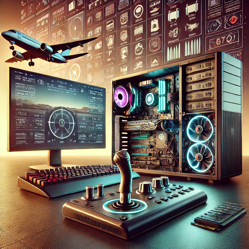 Modern computer setup with highlighted system requirements for a flight simulator, including a powerful processor, high-end graphics card, ample RAM, and fast storage, surrounded by flight simulation accessories.