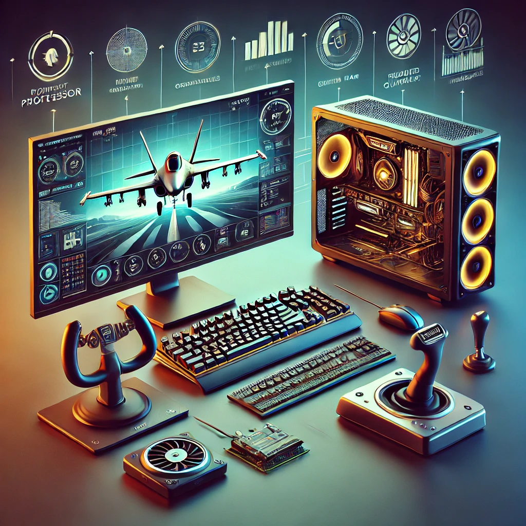 Modern computer setup highlighting essential system requirements for X-Plane 12, including a powerful processor, high-end graphics card, ample RAM, and fast storage, with flight simulation accessories.