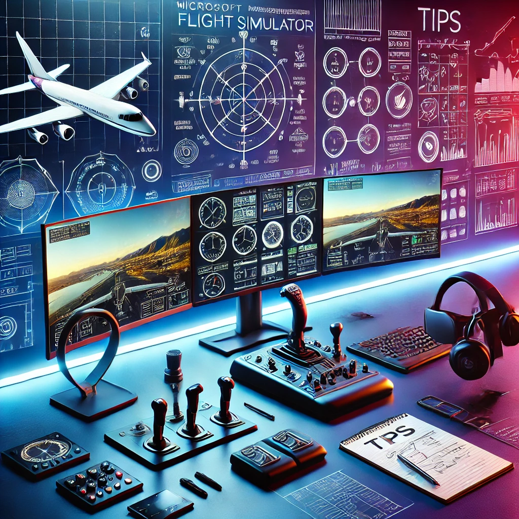 Modern flight simulator setup with multiple monitors displaying realistic flight data and landscapes, surrounded by essential accessories and visual elements offering tips and tricks for Microsoft Flight Simulator.