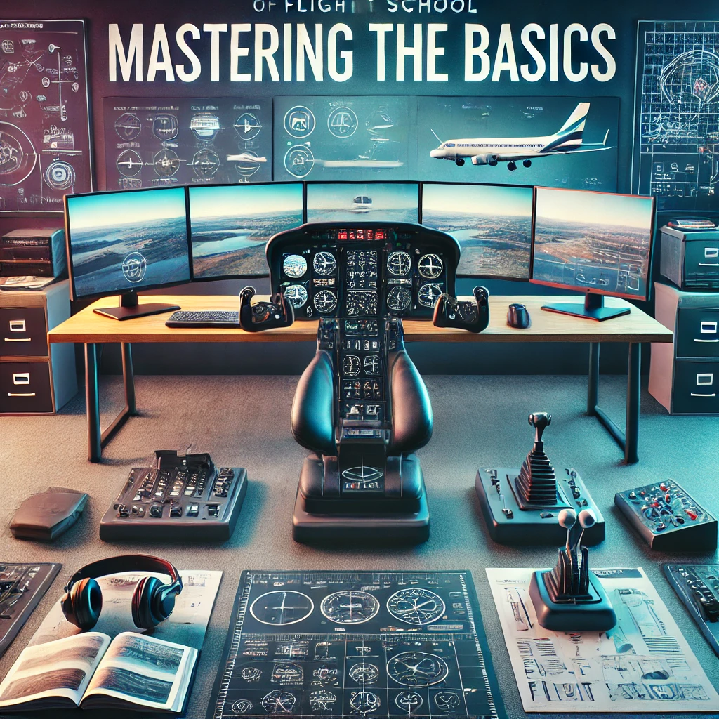 Modern flight simulator setup with a pilot's seat, multiple monitors displaying flight training data and realistic landscapes, surrounded by essential training accessories and elements like a flight training manual and diagrams of basic flight maneuvers.