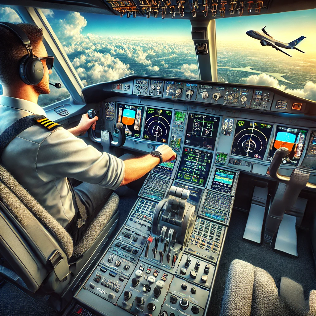 Modern flight simulator cockpit with a pilot transitioning from autopilot to manual control, with multiple monitors displaying flight data, and essential flight accessories like rudder pedals.