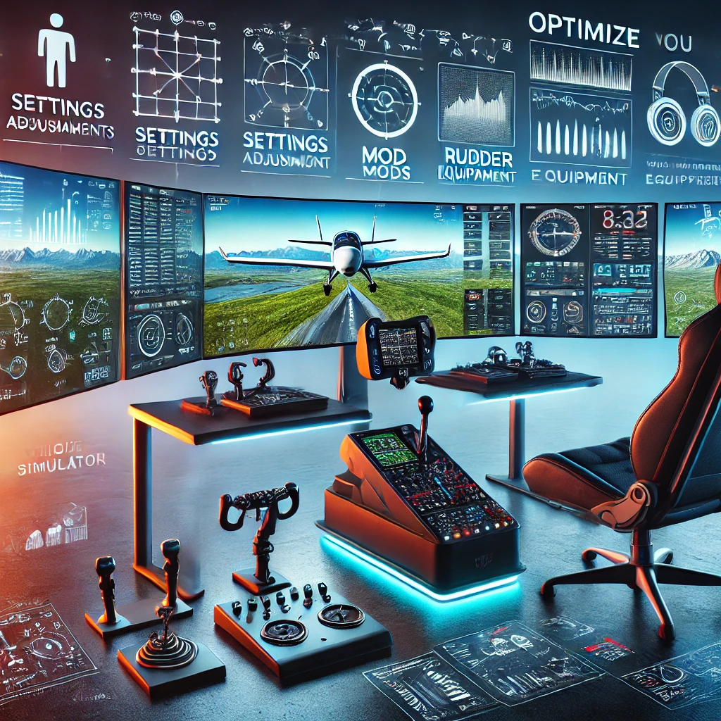 Modern flight simulator setup with multiple monitors displaying settings menus, flight data, and landscapes, surrounded by advanced accessories and icons representing settings adjustments, mod installation, and high-end equipment.