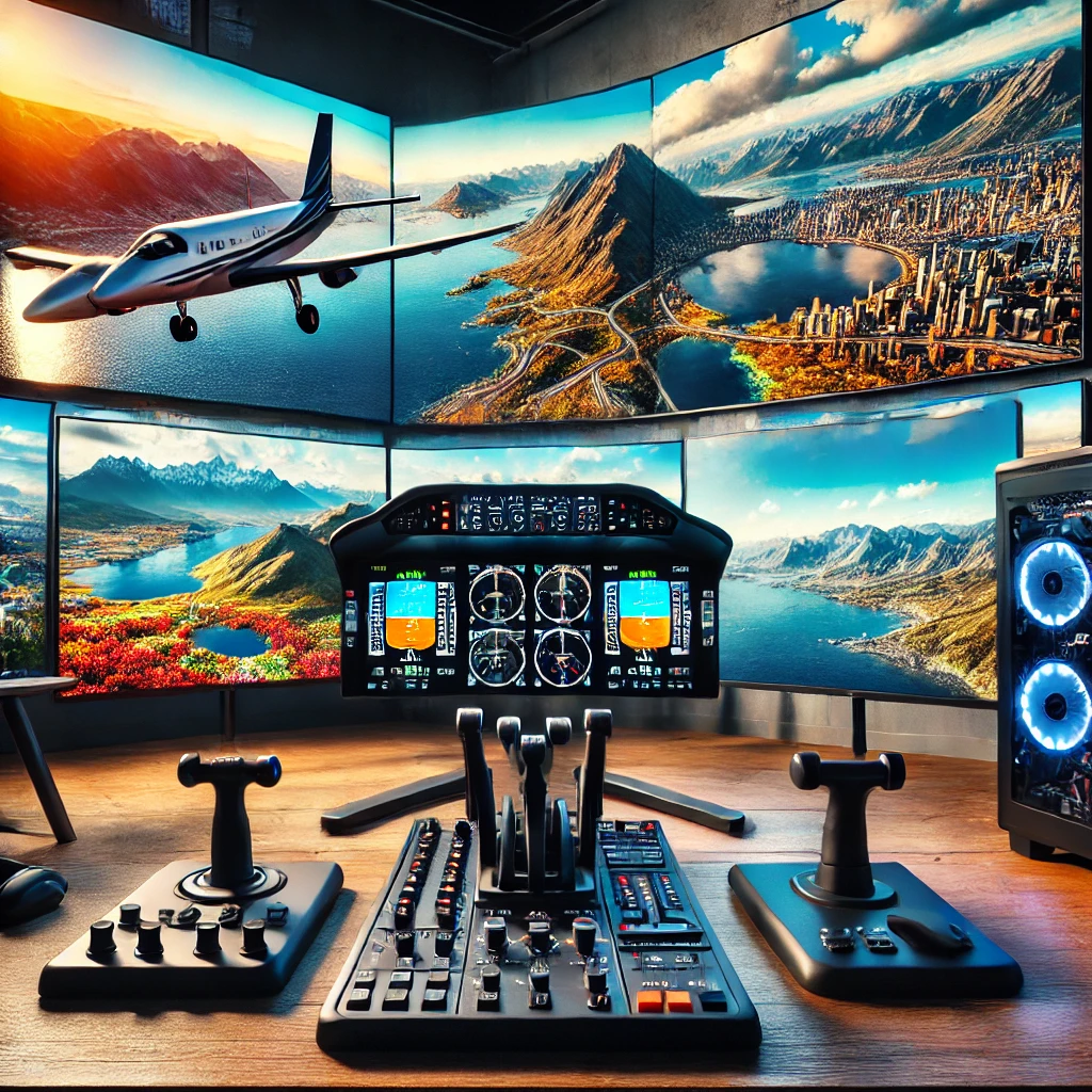 Modern flight simulator setup with multiple monitors displaying stunning landscapes and scenic routes, surrounded by essential flight accessories, showcasing the beauty of virtual flying.