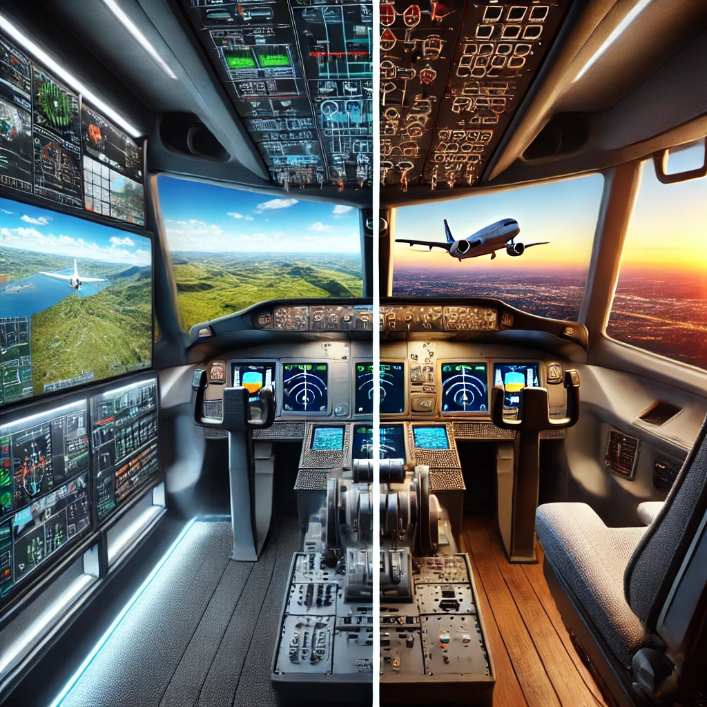 Comparison between a modern flight simulator setup with realistic flight data and an actual airplane cockpit, highlighting similarities and differences in controls and environment.