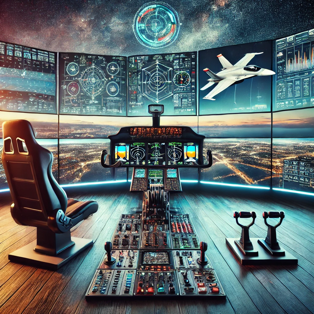 Modern flight simulator setup with multiple monitors displaying highly detailed and realistic flight scenarios, including complex weather conditions and intricate cockpit controls, showcasing advanced technology.