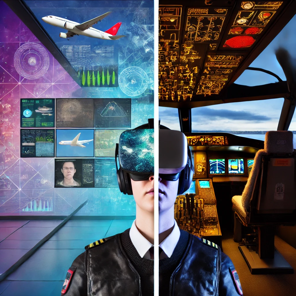 Comparison of virtual flight simulation with a pilot using a VR headset and real-life flying with a pilot in an airplane cockpit, highlighting psychological and physiological aspects.