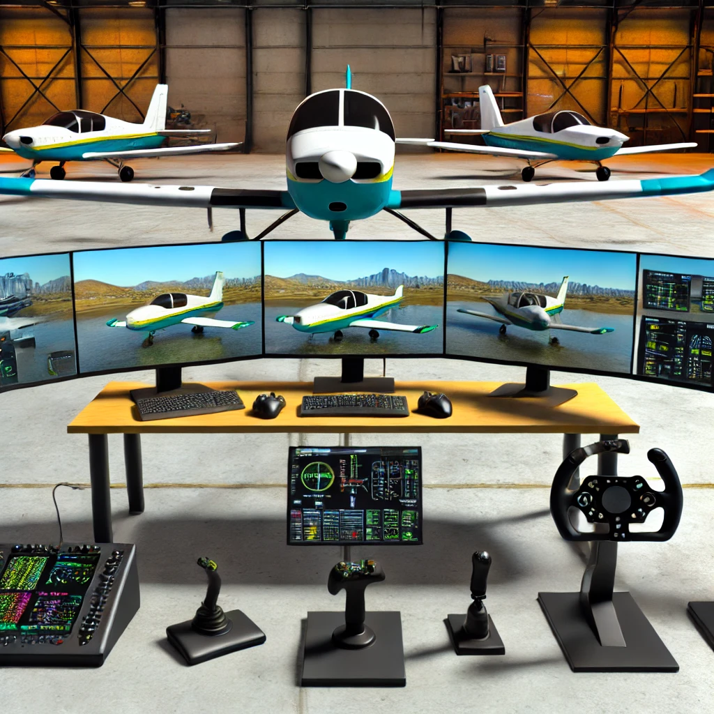 Modern flight simulator setup with multiple monitors displaying aircraft customization screens, surrounded by flight accessories and a hangar with different aircraft models, showcasing customization in Microsoft Flight Simulator 2020.