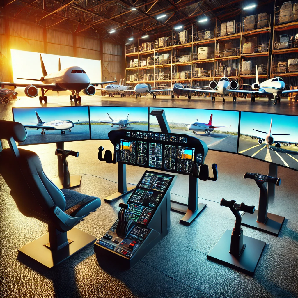 Modern flight simulator setup with multiple monitors displaying a variety of distinct aircraft from Microsoft Flight Simulator 2020, surrounded by flight accessories and a hangar with different aircraft models including private planes, jets, and military aircraft.