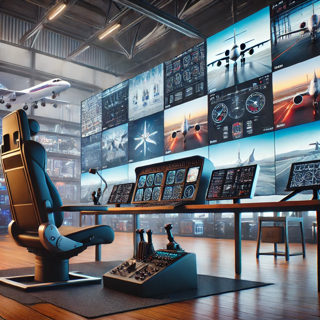 Modern flight simulator setup with multiple monitors displaying previews of upcoming updates and new aircraft models, surrounded by flight accessories and a futuristic hangar with advanced aircraft designs.