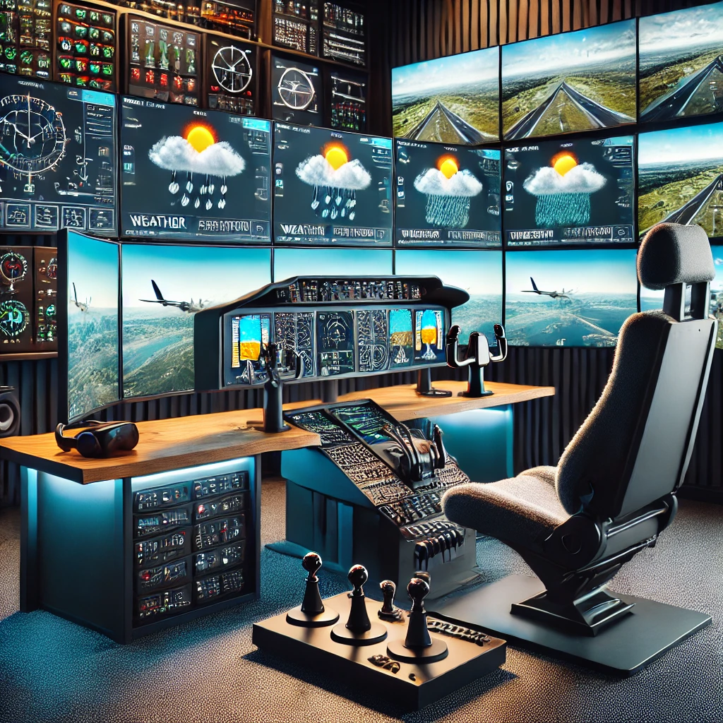 Modern flight simulator setup with multiple monitors displaying weather adjustment screens and realistic flight scenarios, surrounded by flight accessories and showcasing various weather conditions.