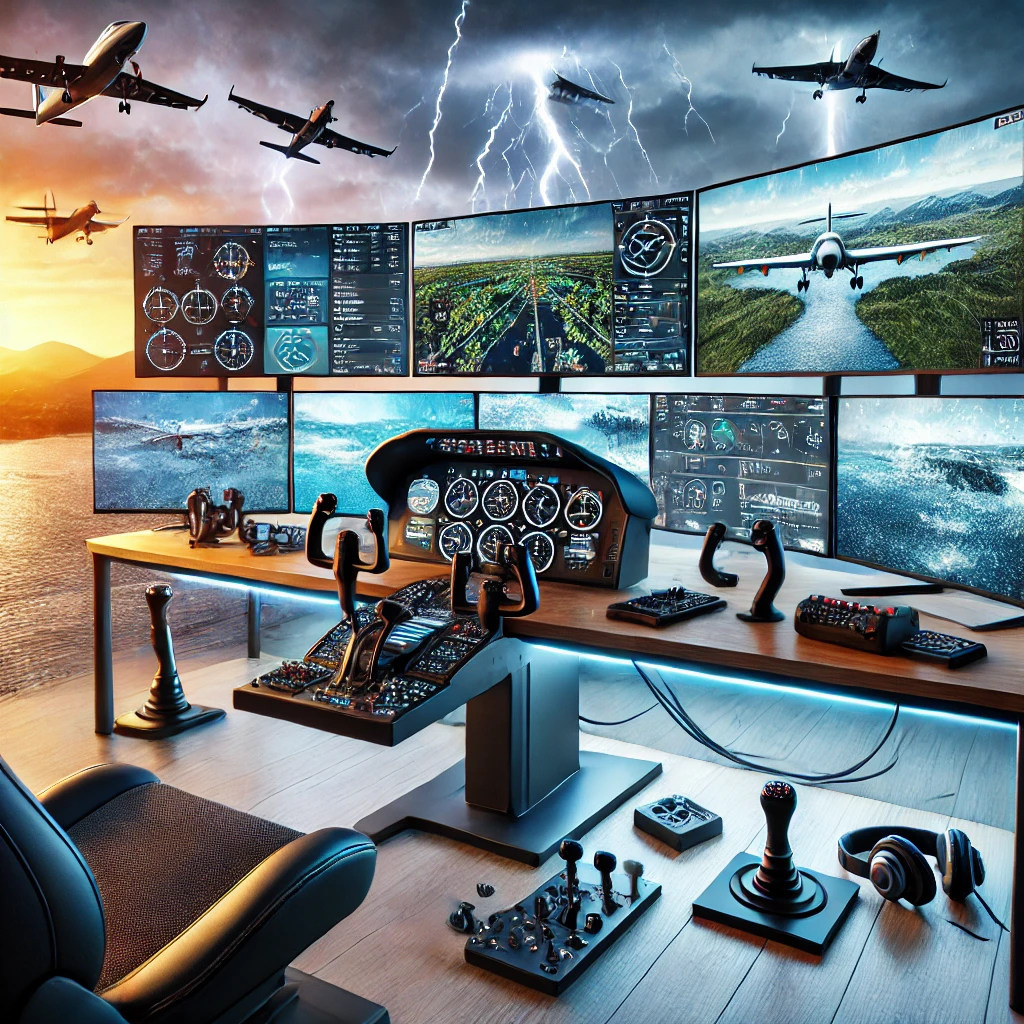 Modern flight simulator setup with multiple monitors displaying real-time weather conditions and realistic flight scenarios, surrounded by flight accessories and showcasing various dynamic weather conditions.