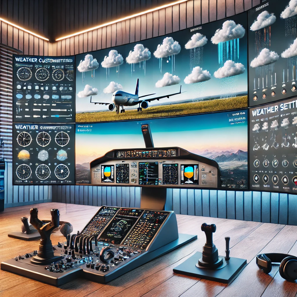 Modern flight simulator setup with multiple monitors displaying weather customization screens and realistic flight scenarios with different cloud formations, surrounded by flight accessories and various weather conditions.