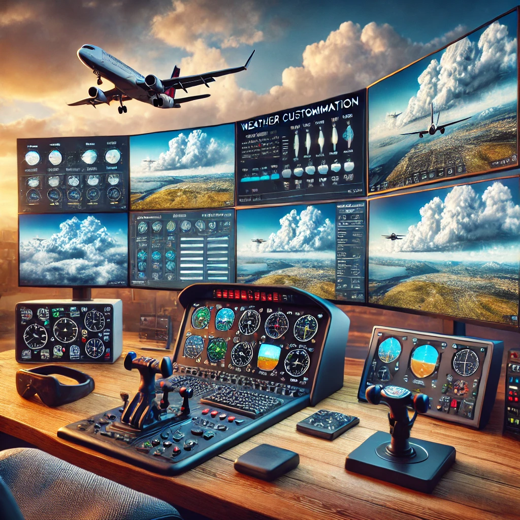 Modern flight simulator setup with multiple monitors displaying weather customization screens and realistic flight scenarios with different cloud formations, surrounded by flight accessories and various weather conditions.