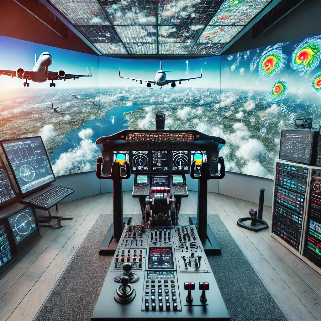 Modern flight simulator setup with multiple monitors displaying realistic weather conditions and flight scenarios, surrounded by flight accessories and highlighting applications such as aviation training, weather forecasting, and emergency preparedness.