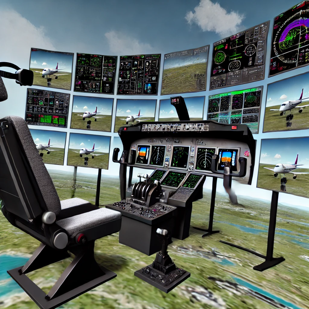 Detailed virtual cockpit setup displayed on multiple monitors, showcasing intricate cockpit controls, flight data, and realistic landscapes, surrounded by flight accessories and emphasizing advanced interface features.