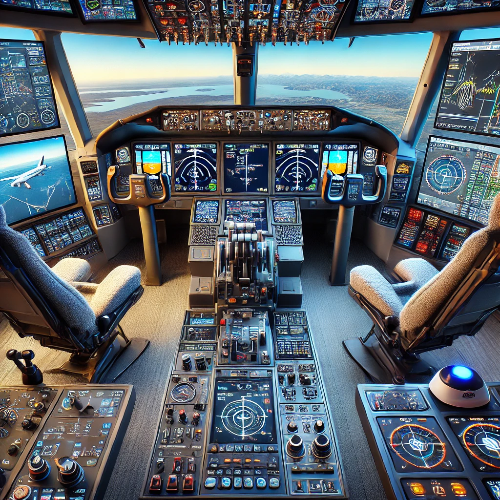 Detailed virtual cockpit setup displayed on multiple monitors, showcasing intricate cockpit controls, flight instruments, and realistic landscapes, surrounded by flight accessories and emphasizing various cockpit features.