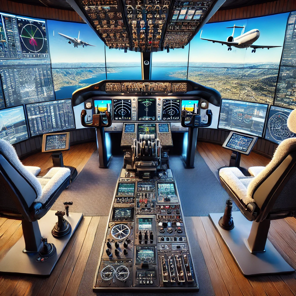 Detailed virtual cockpit setup displayed on multiple monitors, showcasing intricate cockpit controls, flight instruments, and realistic landscapes, surrounded by flight accessories and highlighting technologies like real-time weather updates and interactive displays.