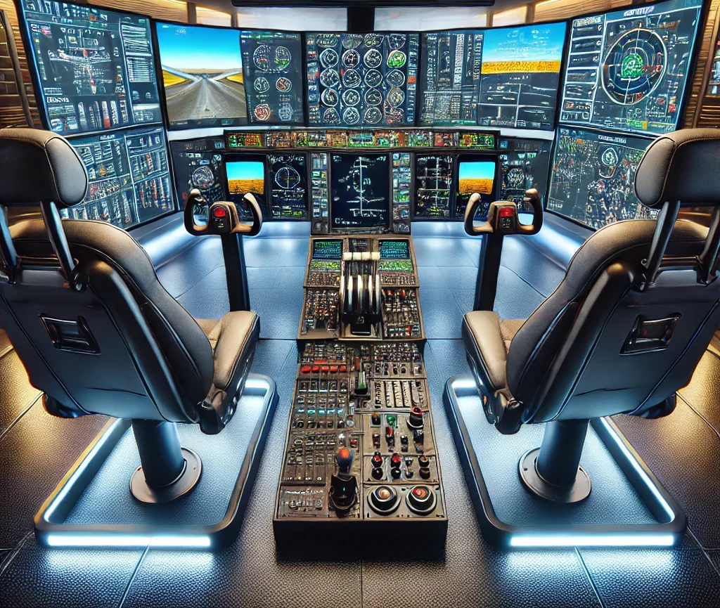 Detailed virtual cockpit setup with two chairs displayed on multiple monitors, showcasing adjustable cockpit controls, personalized flight instruments, and user-friendly interfaces, surrounded by flight accessories and highlighting customization options.