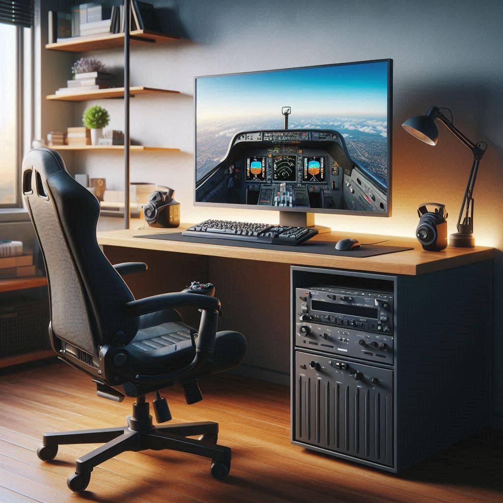 Flight simulator setup with gaming chair, yoke, and multi-screen display.