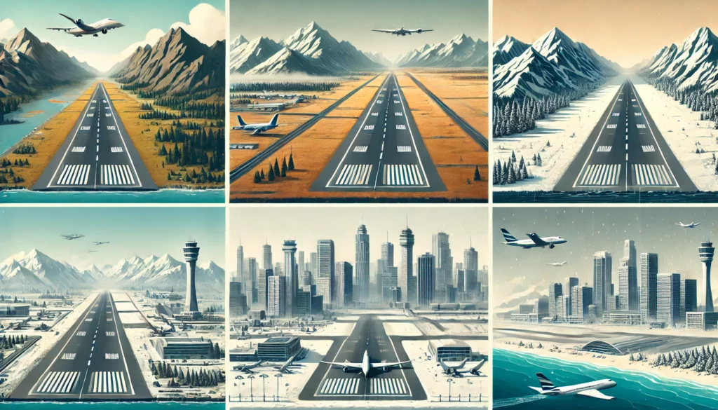 Diverse geographical and environmental impacts on runway requirements including mountainous, coastal, urban, and snowy settings.