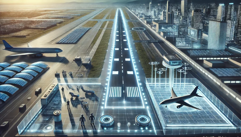 Advanced runway design with transparent LED-lit runway, solar energy generation, VTOL pads, and robotic ground crew.