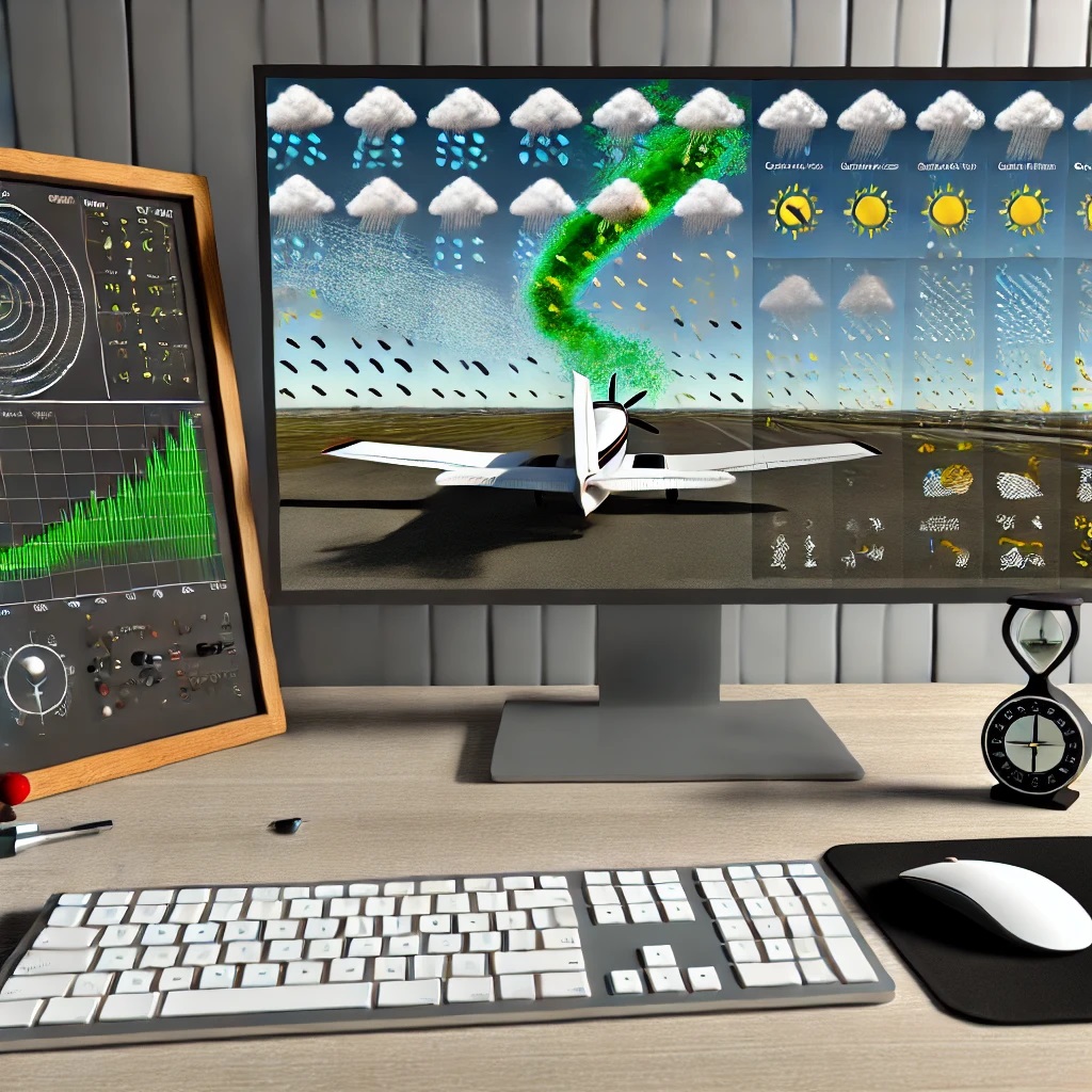 Illustration of an advanced weather simulation system for flight simulators showcasing dynamic weather changes.