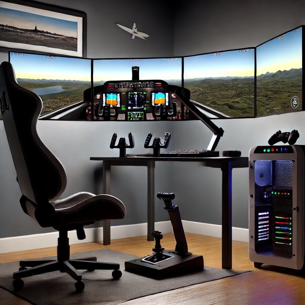 Optimized gaming setup for Microsoft Flight Simulator with multiple monitors, gaming chair, and flight controls.