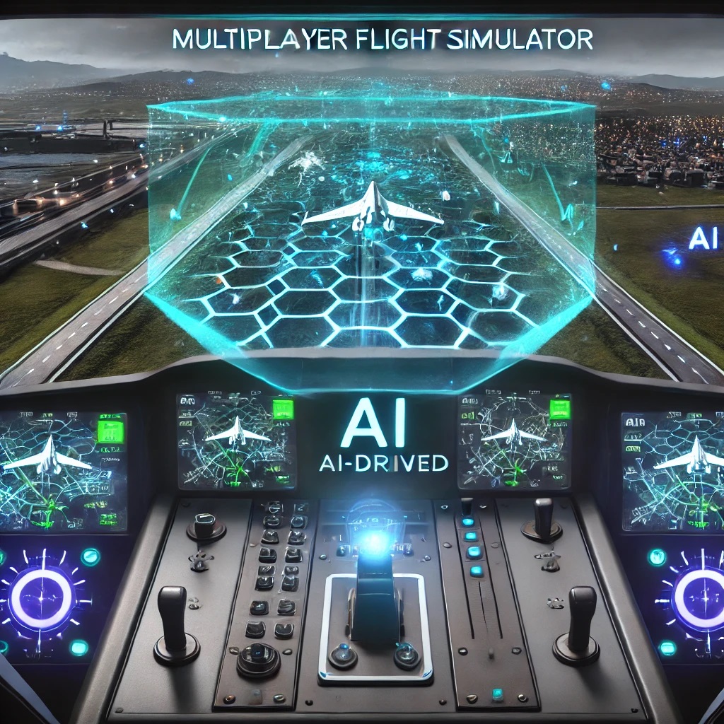 Illustration of a futuristic multiplayer flight simulator cockpit with AI-driven controls and holographic displays showing realistic terrain and air traffic.