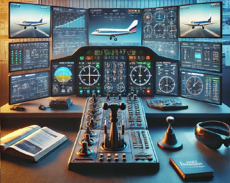 Modern flight simulator setup with multiple monitors displaying beginner-friendly flight tutorials and pilot training materials, surrounded by flight accessories like a flight yoke, throttle quadrant, and VR headset.