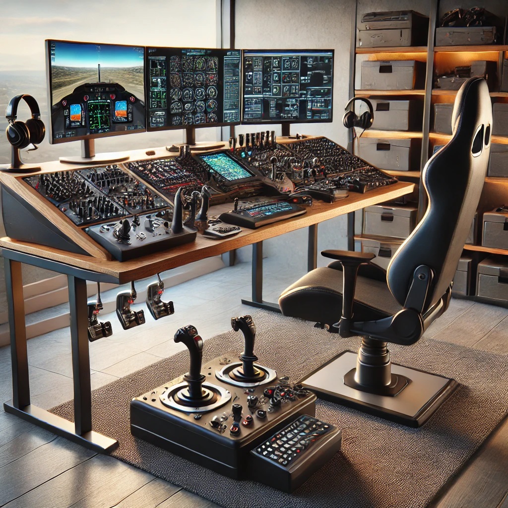 Home flight simulator setup with various control devices