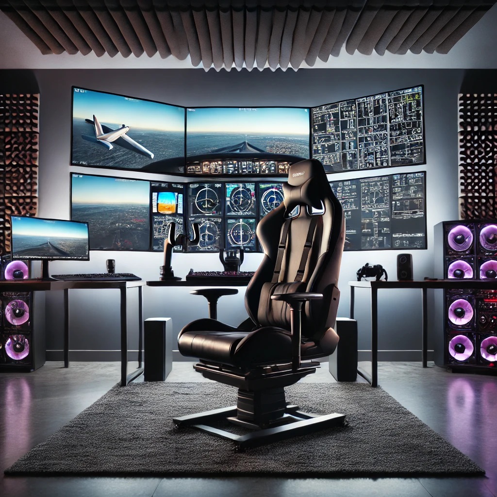 Advanced home flight simulator setup with integrated audio and tactile feedback for enhanced realism.