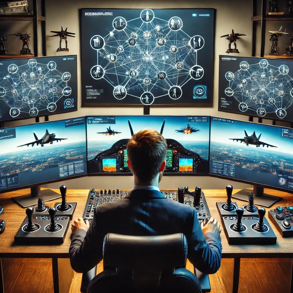 A home flight simulator setup with multiple screens showing a pilot interacting in a virtual multiplayer environment.