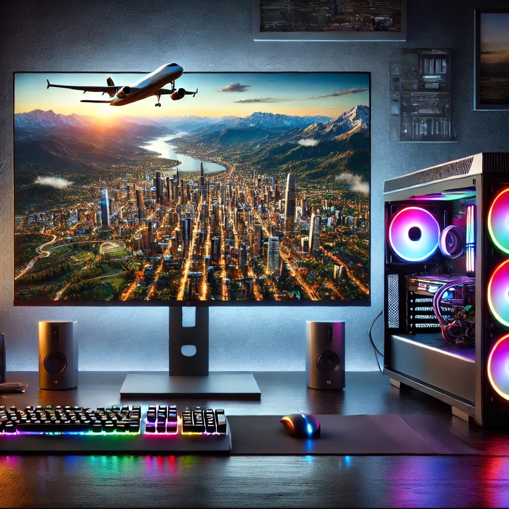 Optimized gaming setup displaying high-resolution landscapes for Microsoft Flight Simulator.