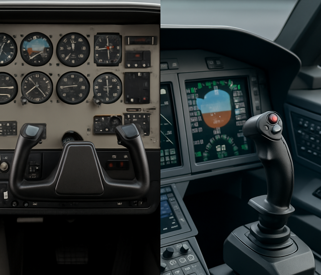 Side-by-side comparison of a general aviation cockpit yoke and a modern jet cockpit joystick.