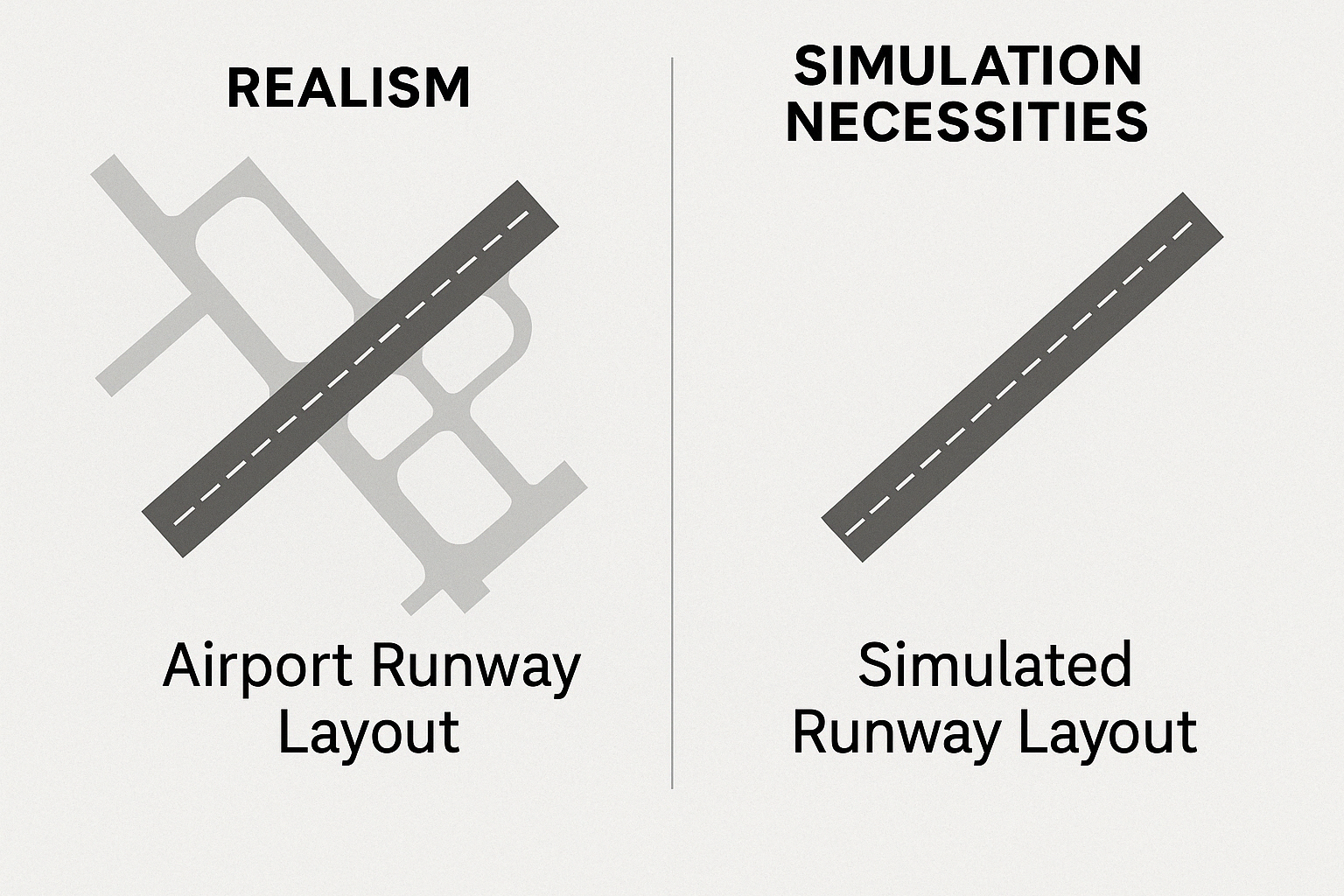 Side-by-side diagram comparing a complex real-world airport runway layout with a simplified runway design used in flight simulators, labeled "REALISM" and "SIMULATION NECESSITIES