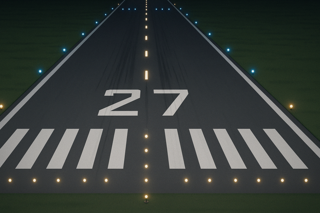Top-down night view of a detailed runway in a flight simulator with visible surface markings, illuminated edge, centerline, and threshold lights, and runway number 27