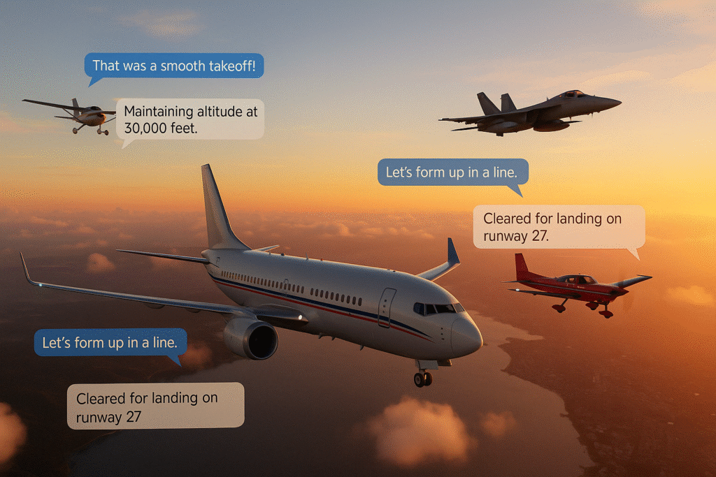 Multiplayer flight simulator scene with four aircraft flying in formation during a vibrant sunset.
