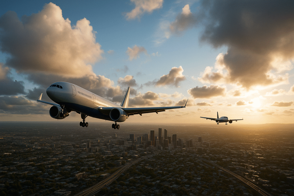 Two commercial airplanes fly in formation over a sprawling cityscape during golden hour, captured from a flight simulator. The sky is filled with soft clouds and the city below is bathed in a warm, golden glow.
